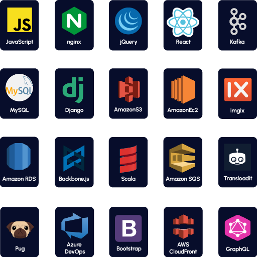 Imagen que muestra varios iconos de herramientas de desarrollo con su nombre debajo, incluyendo plataformas, editores y servicios utilizados por la empresa.