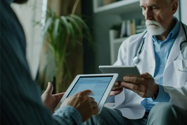 hombre y hombre de negocio revisando mejoras en herramientas